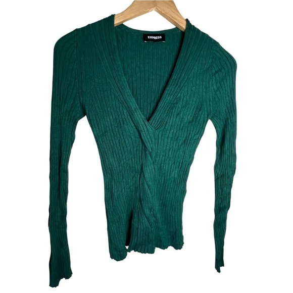 Express Shirt Y2K Green Ribbed Long Sleeved Deep V-neck Shirt Size Small - Picture 2 of 7